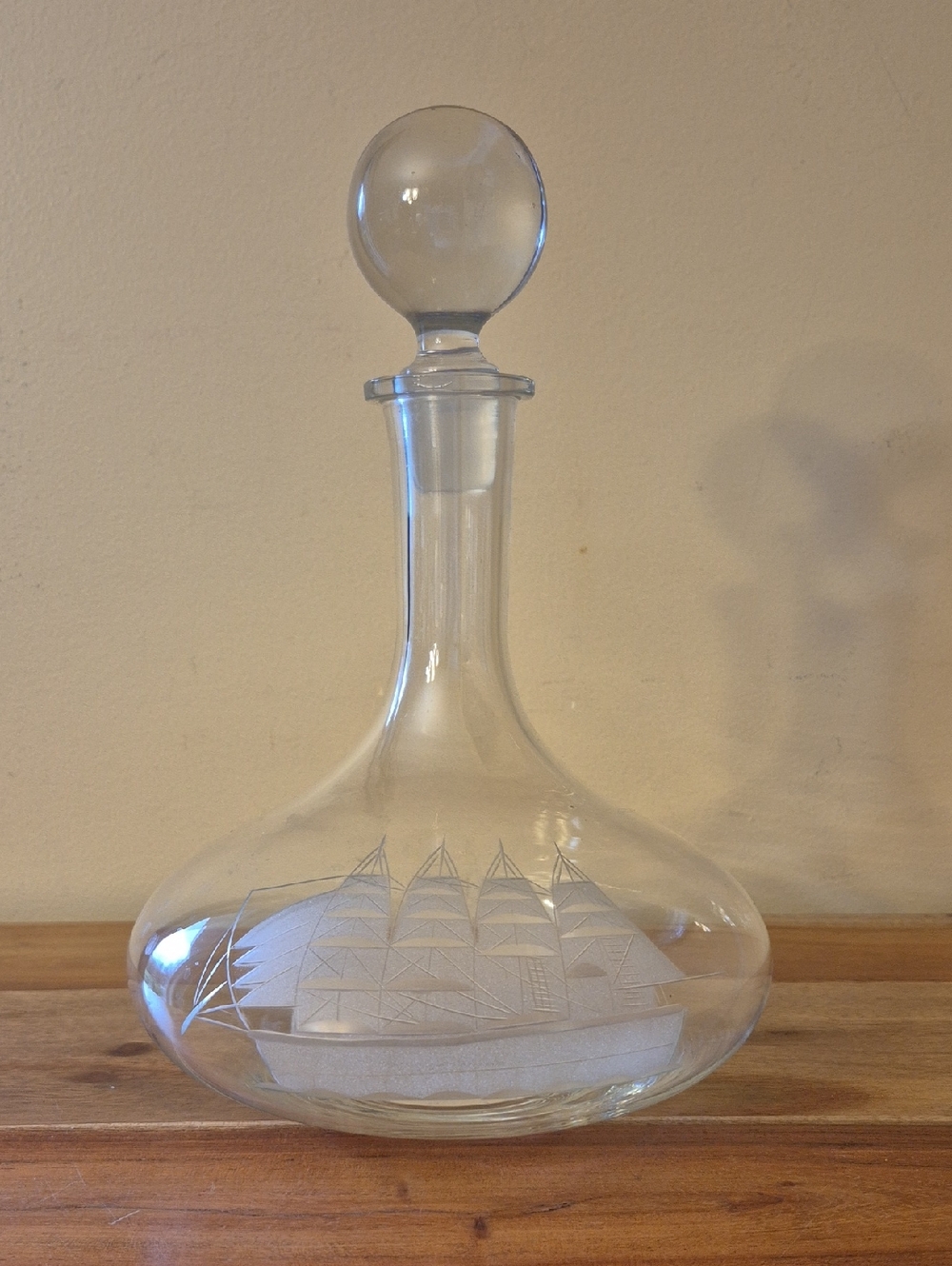 Vintage Toscany Clear Glass Decanter with Etched Ship Design - Romania